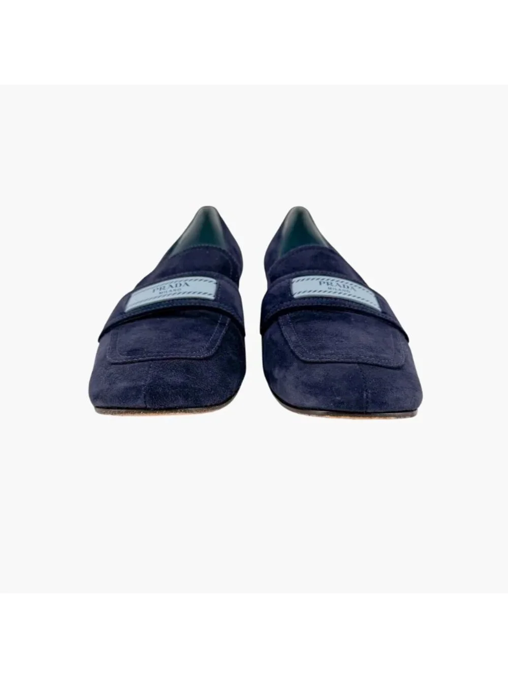 Prada Logo Loafer Pumps Heels Navy Suede Size 37.5 US 7.5 Women’s Blue